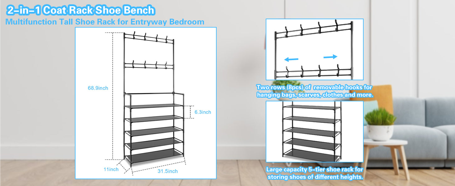 5-Tier Metal Coat Stand with Shoe Rack & 8 Hooks – Freestanding Hall Tree, Black