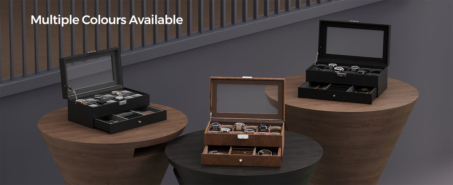 2-Tier Watch Box with Glass Lid — Holds 12 Watches, Lockable Drawer