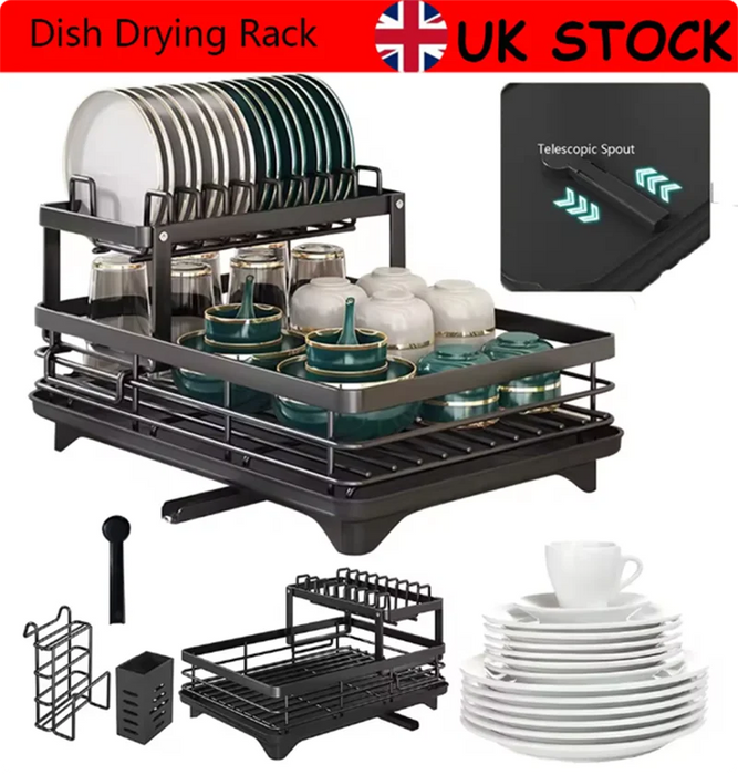2-Tier Stainless Steel Dish Rack — Large Capacity with Cutting Board Holder & Drainboard
