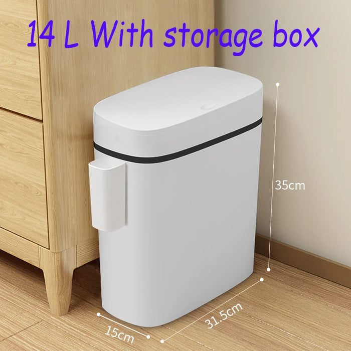 14L Press-Top Waterproof Bathroom Waste Bin — White PP Plastic