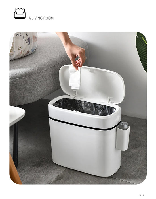 14L Press-Top Waterproof Bathroom Waste Bin — White PP Plastic