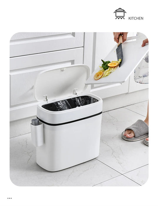 14L Press-Top Waterproof Bathroom Waste Bin — White PP Plastic