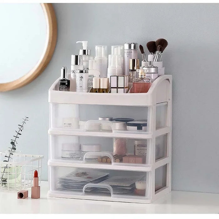 Transparent Cosmetic & Jewellery Organiser — 3 Drawer, 4-Layer Plastic Storage