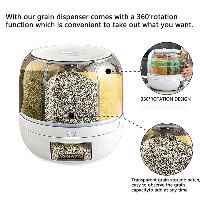360° Rotating 6-Compartment Airtight Food Dispenser — Storage for Rice, Cereal & Dry Goods