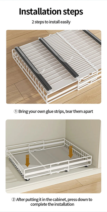 Retractable Pull-Out Metal Drawer Rack — Punch-Free Under-Sink Storage (Small/Large, White/Black)