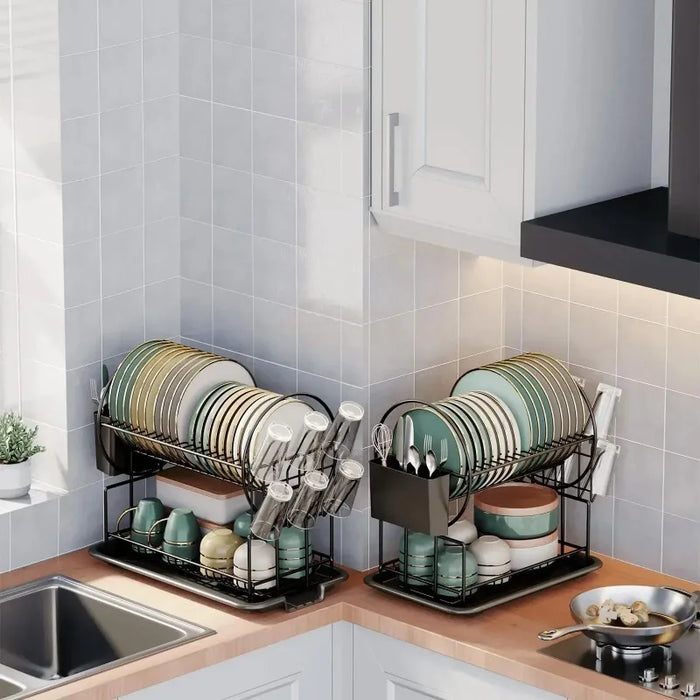 2-Tier Dish Drainer with Drain Board, Cup & Utensil Holders