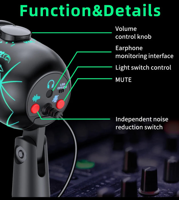 USB Gaming Condenser Microphone with Headphone Jack, LED & Noise Reduction