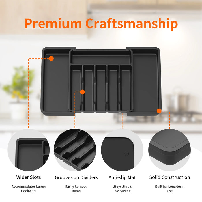 Expandable Cutlery Tray — Wooden or Black Plastic, 6–8 Compartments