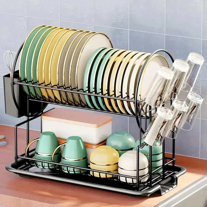 2-Tier Dish Drying Rack with Drip Tray, Cup & Utensil Holders