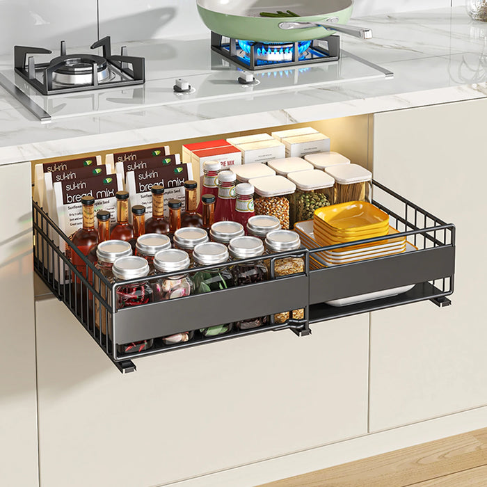 Retractable Pull-Out Metal Drawer Rack — Punch-Free Under-Sink Storage (Small/Large, White/Black)