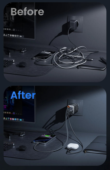 67W GaN Fast Charger with Retractable USB‑C Cable, PD3.0 & PPS, Digital Display (EU Plug) — for iPhone 17/16 & Samsung S25/S24
