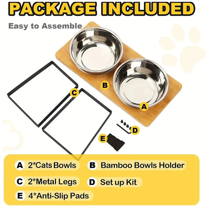 Elevated Wooden Pet Bowl Stand — 15° Tilt, Stainless Steel Double Bowls