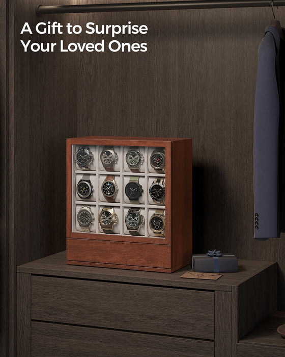 12-Slot Wooden Watch Display Case with Drawers — Coffee Brown