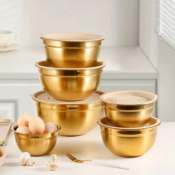 10-piece Gold Stainless Steel Mixing Bowl Set with Lids & Sharpener - Dishwasher-safe