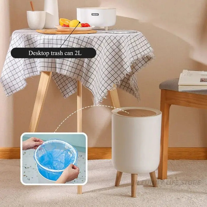 7L Round Wood‑Grain Press Dustbin with Legs