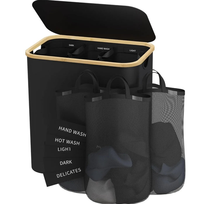 Slim Laundry Hamper — 100L or 160L Bamboo Basket with Removable Washable Bag & Handles