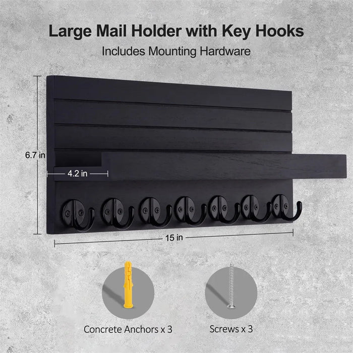 Wood Wall-Mounted Key & Mail Holder with 7 Hooks and Shelf