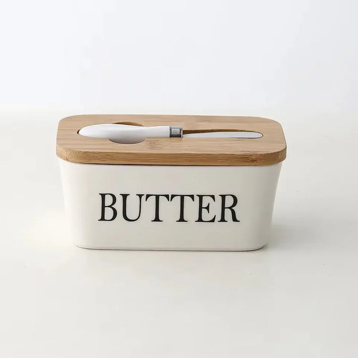 Ceramic Butter & Cheese Storage Box with Bamboo Lid and Knife — 14.8×8.5×6cm