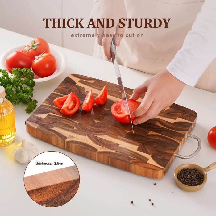 End-grain Acacia Butcher Block Cutting Board with Handle — 395×249×25 mm