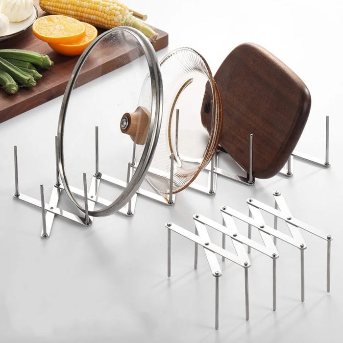 Retractable Stainless Steel Pot Lid Rack — Adjustable Foldable Kitchen Organiser