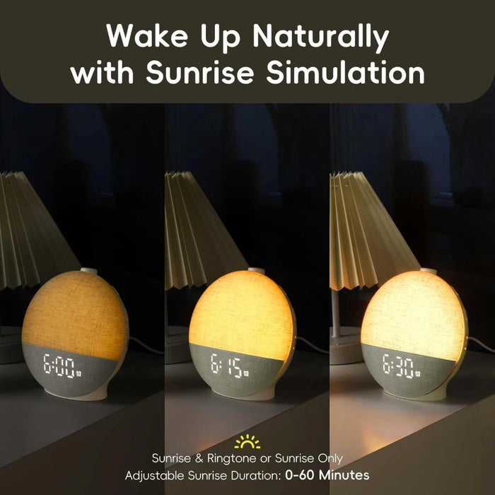 Wake‑Up Light Sunrise Alarm Clock — White Noise, Bluetooth Speaker & Colour‑Changing Night Light