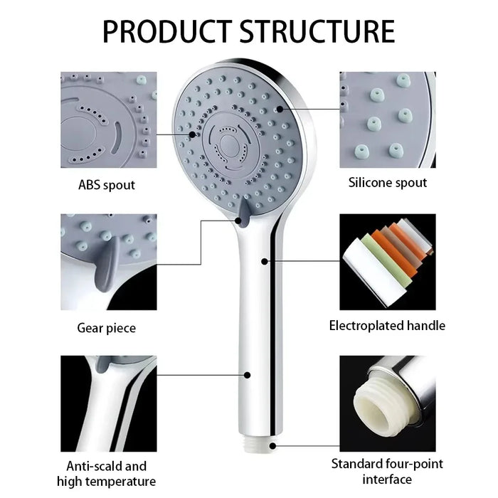 3-Piece Boosted 5-Speed Handheld Shower Set — Large Water Outlet, Chrome-Plated