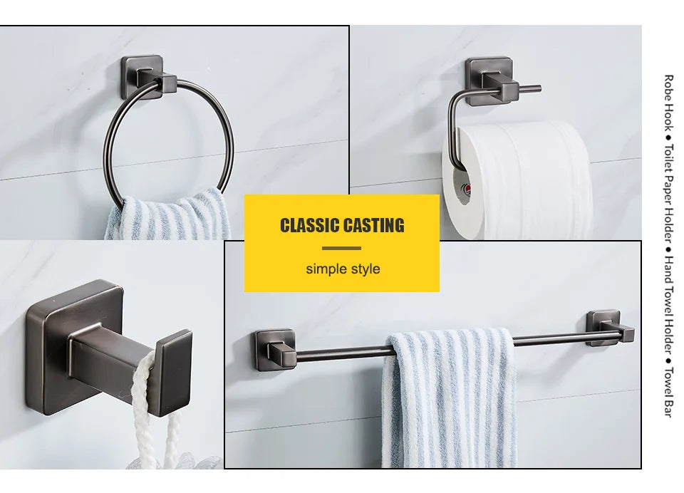 Gun Grey Bathroom Hardware Set — Towel Bar, Paper Holder, Ring & Hook