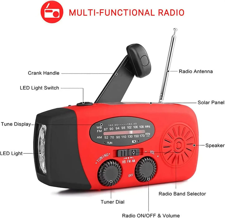 2000mAh Hand‑Crank Emergency Radio with LED Torch, USB & Solar Charging