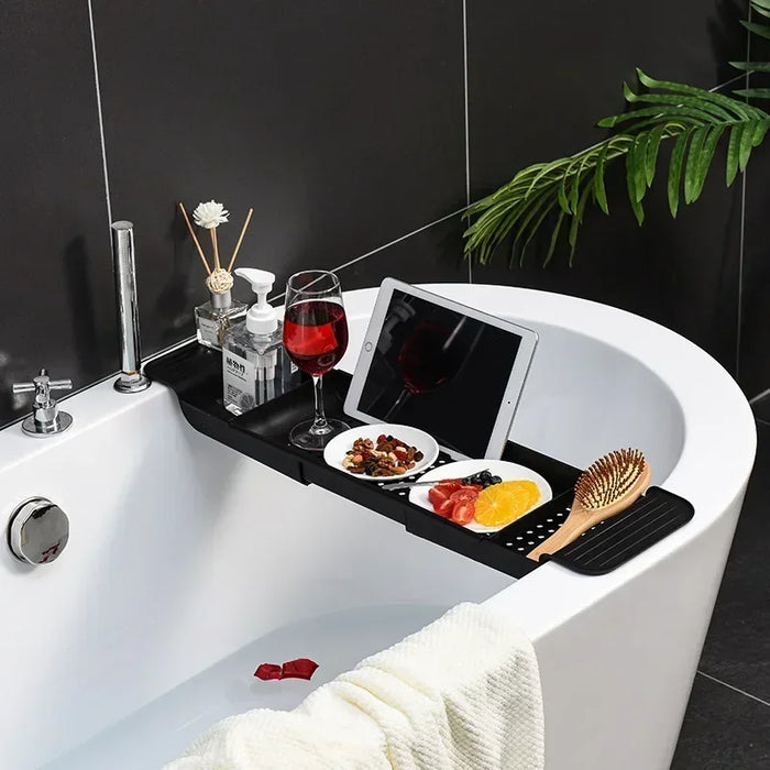Extendable Bathtub Shelf Tray – Plastic Bath Rack for Towels & Books (White/Black)