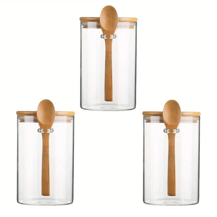 Airtight Glass Jars with Bamboo Lids & Spoons — 18oz (>501ml) — Pack of 1/2/3/4 — Transparent Food Storage for Spices, Beans & Tea