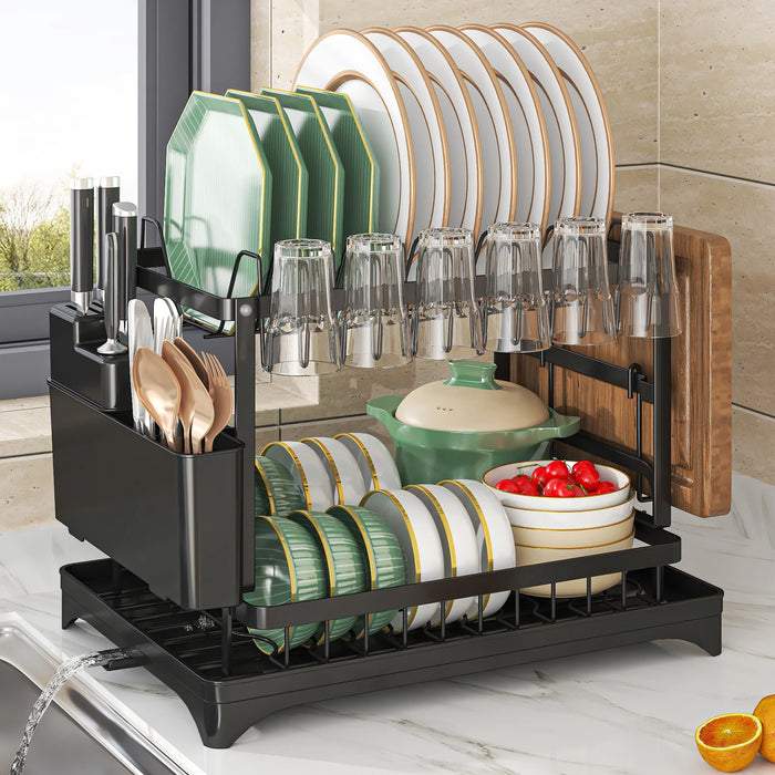 2-Tier Metal Dish Drainer with Draining Spout, Cutlery & Cup Holders