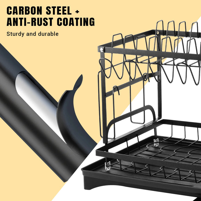2-Tier Black Carbon Steel Dish Drying Rack with Drip Tray & Utensil Holder