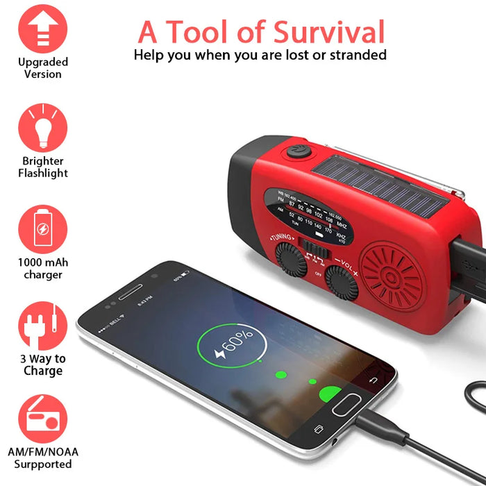 Portable Hand-Crank Solar Emergency Radio — NOAA/AM/FM with LED Torch & Power Bank (Red)