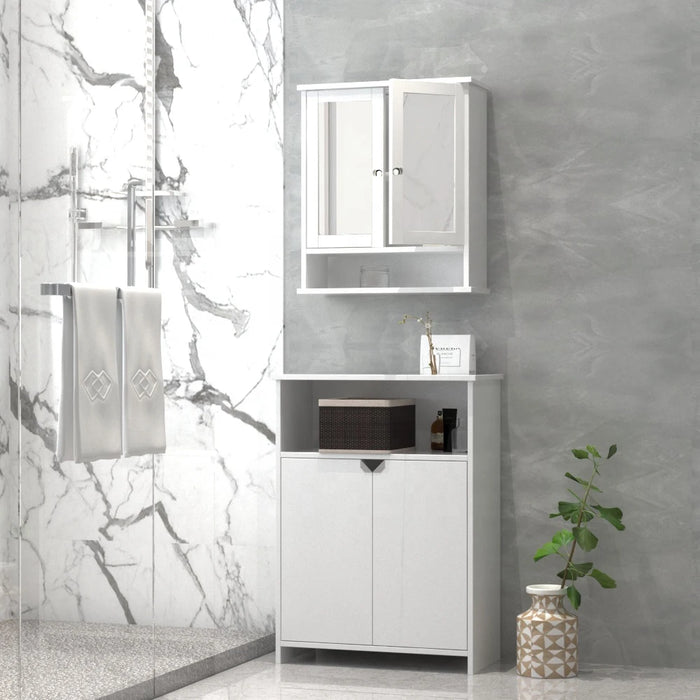 Double‑Door Wall‑Mounted Mirror Cabinet with Open Shelves, 56 x 13 x 58cm, White