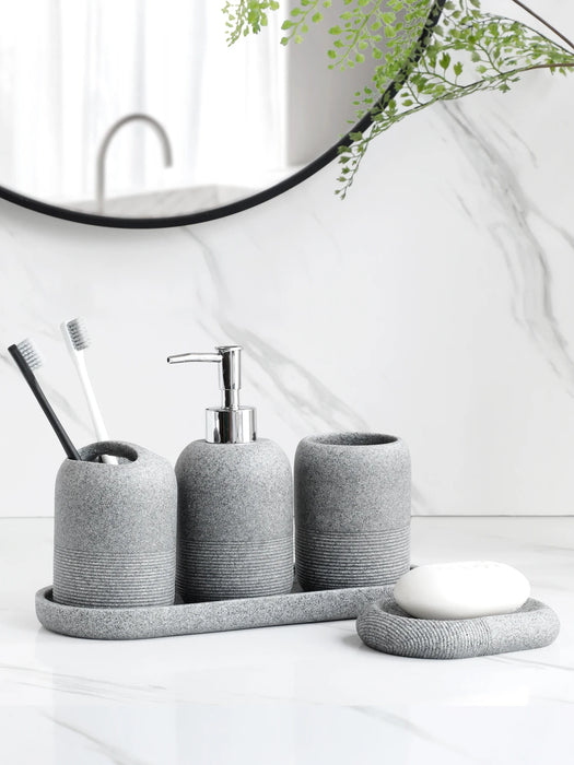 5‑Piece Bathroom Accessory Set — Dispenser, Toothbrush Holder, Tumbler, Tray & Soap Dish (Beige or Grey)