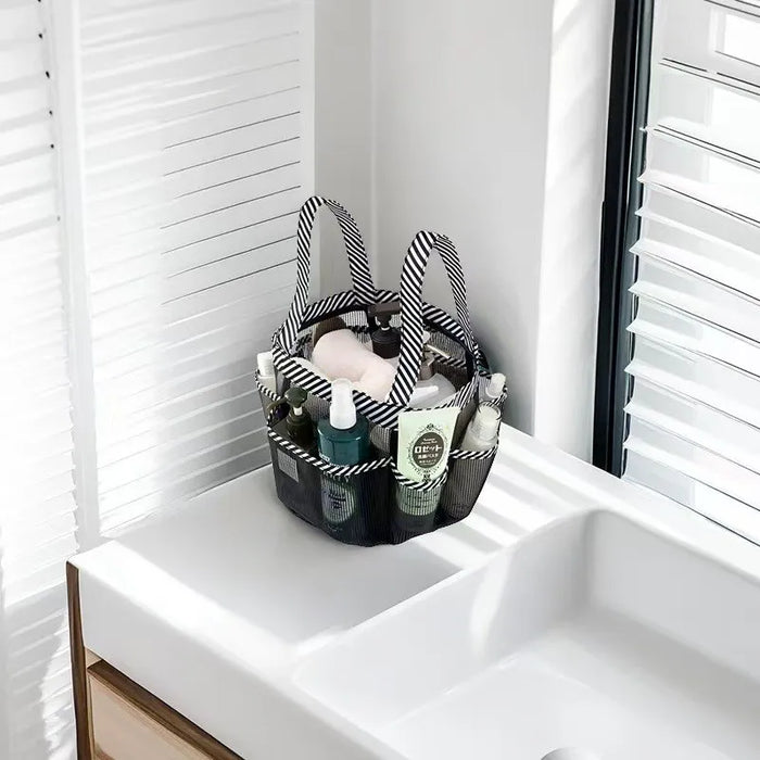Mesh Shower Caddy Tote – Portable Bathroom & College Organiser, 8-pocket, Oxford Handles, Black