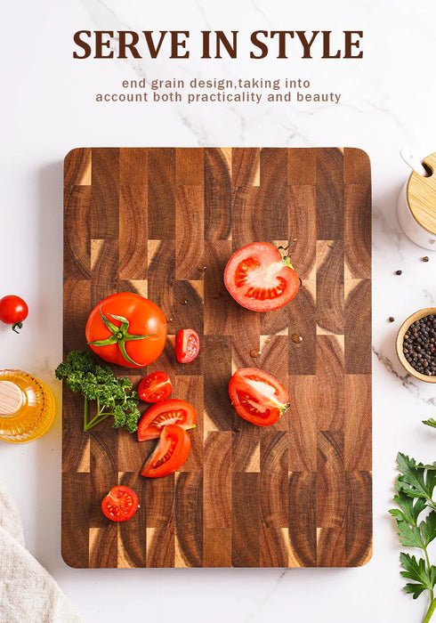 15-inch End Grain Acacia Rectangular Chopping Board with Side Handle (390×275×25mm)