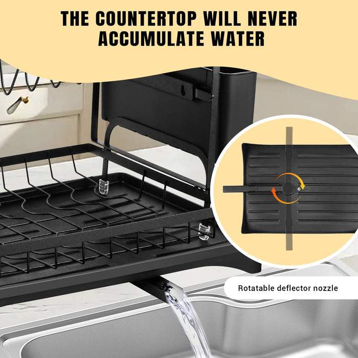 2-Tier Black Carbon Steel Dish Drying Rack with Drip Tray & Utensil Holder