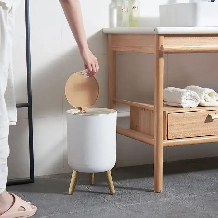 7L Round Wood‑Grain Press Dustbin with Legs