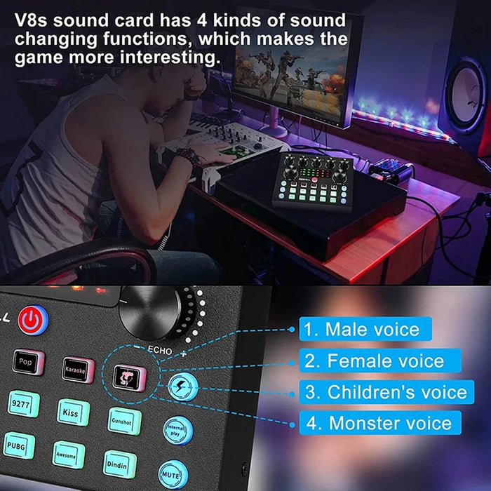 V8S Live Sound Card Podcast Bundle with Condenser Microphone and Boom Arm