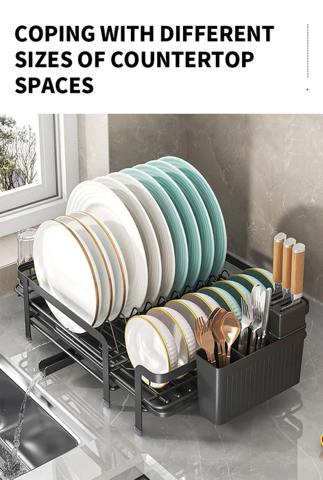 Expandable Dish Drainer with Drainboard — Rustproof Counter Organiser (Black, White, Pink)