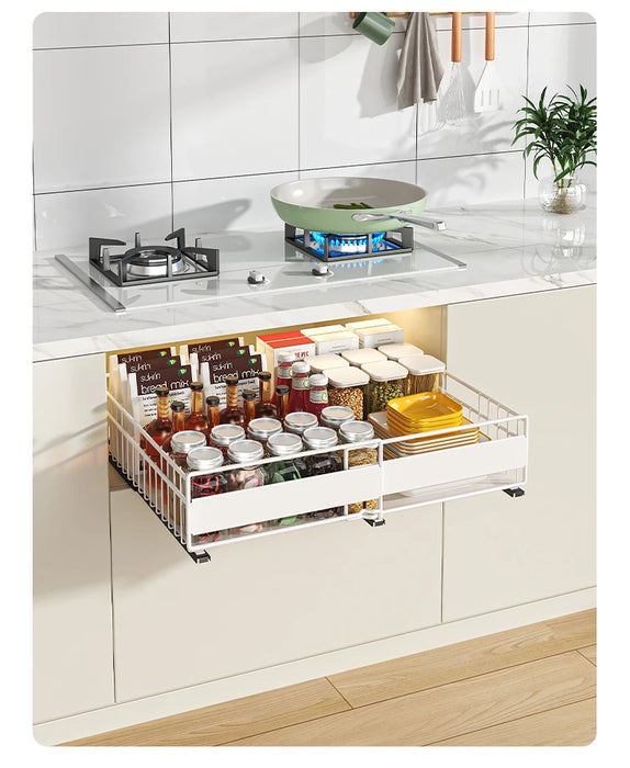 Retractable Pull-Out Metal Drawer Rack — Punch-Free Under-Sink Storage (Small/Large, White/Black)