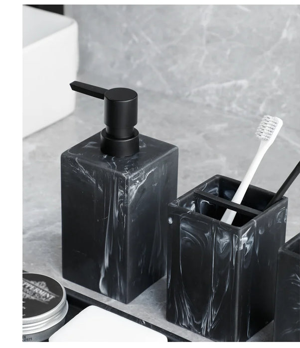 4-Piece Marble-Pattern Resin Bathroom Set — Lotion/Soap Dispenser, Toothbrush Holder, Tumbler & Tray (Black or White)