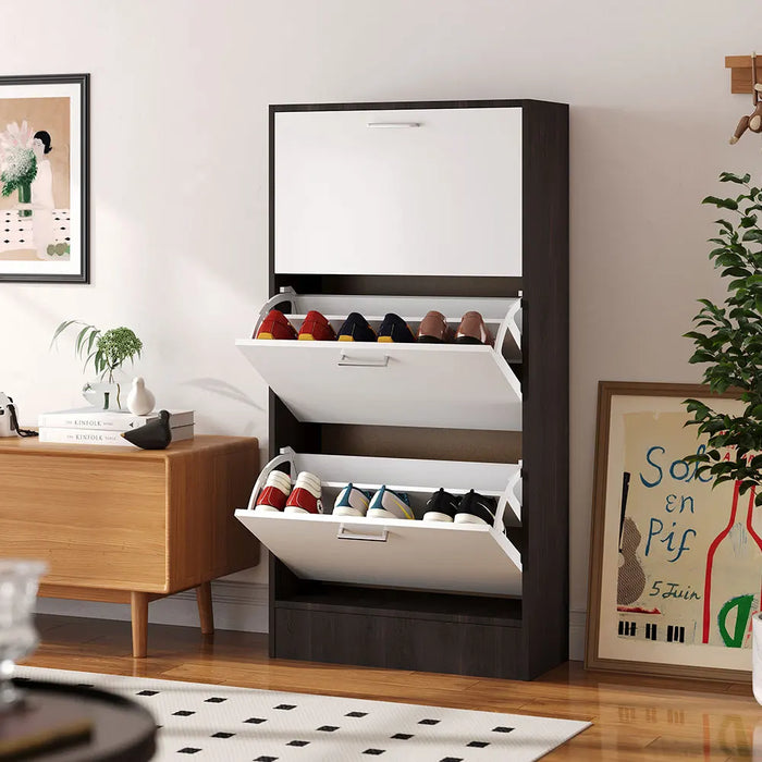 Narrow 3-Tier Flip-Top Shoe Cabinet – Walnut & White Vertical Storage