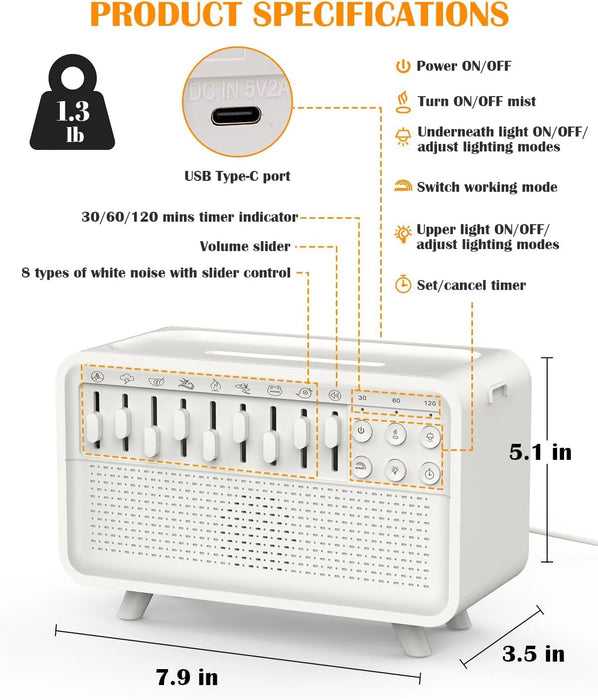 Bluetooth White Noise Machine with Aroma Diffuser, Humidifier & Night Light — 8 Sounds, 3‑Level Dimming