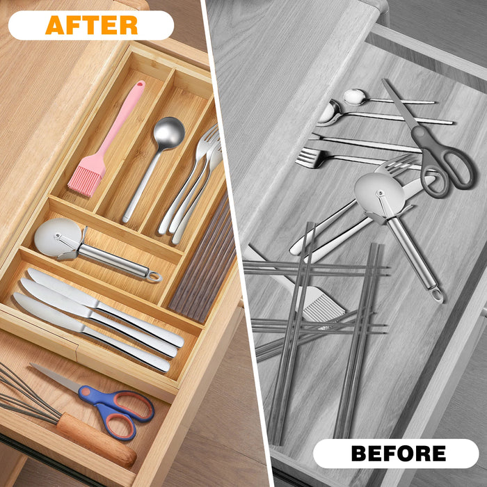 Expandable Bamboo Cutlery Tray – 6–8 Compartment Drawer Organiser (32–52cm)