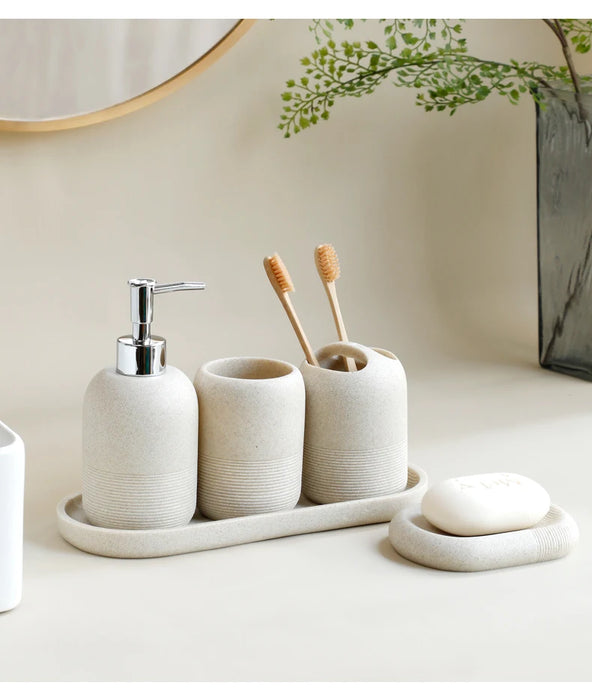 5‑Piece Bathroom Accessory Set — Dispenser, Toothbrush Holder, Tumbler, Tray & Soap Dish (Beige or Grey)