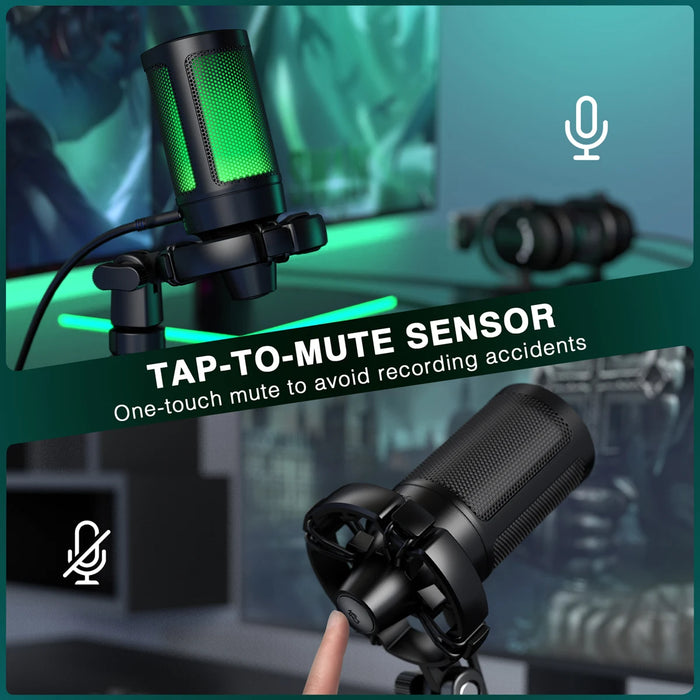 AmpliGame RGB USB Gaming Microphone A2 — Condenser with Light‑touch Mute & Tripod