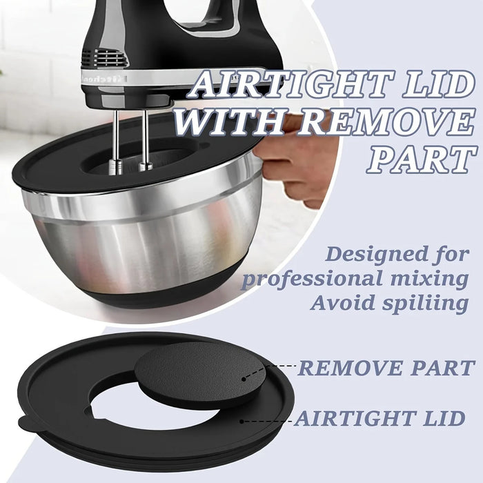 8-Piece Stainless Steel Mixing Bowls with Airtight Lids — Black, Non-Slip Bases