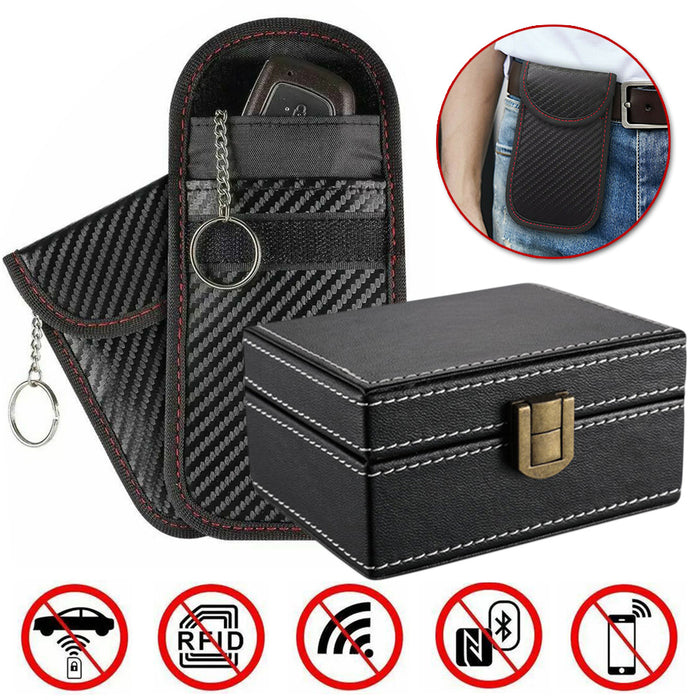 2x PU Signal-Blocking Pouches + Wooden Faraday Box | Car Key Fob RFID Security